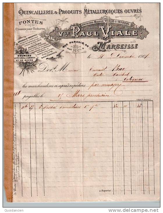 Facture  31/12/1901  -  De  MARSEILLE  Vers  COTIGNAC  - Vve  VIALE  à   BAC  - Quincaillerie & Produits Métallurgiques - Italie
