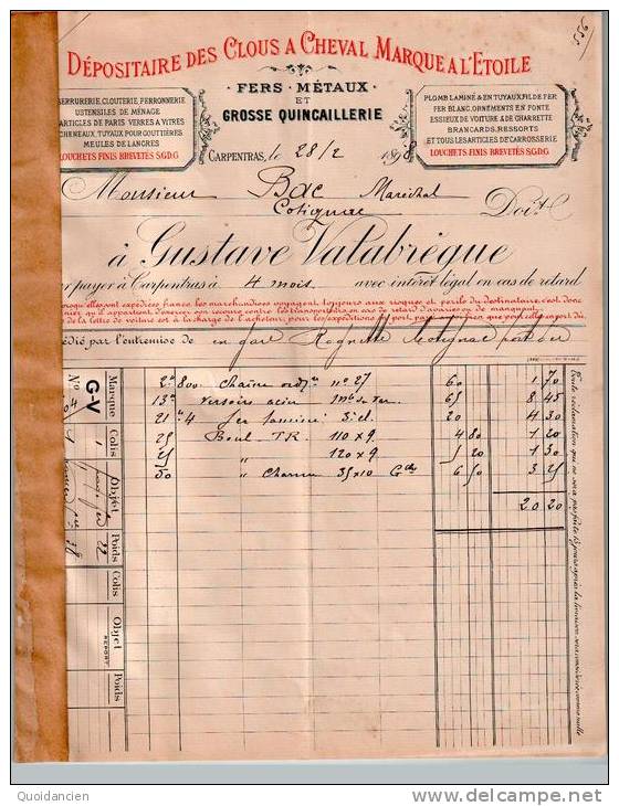 Facture  28/02/1898  -  CARPENTRAS  Vers  COTIGNAC  -   VALABREGUE  à  M.  BAC  -  Clous à Cheval  Marque à L´ Etoile - Italie