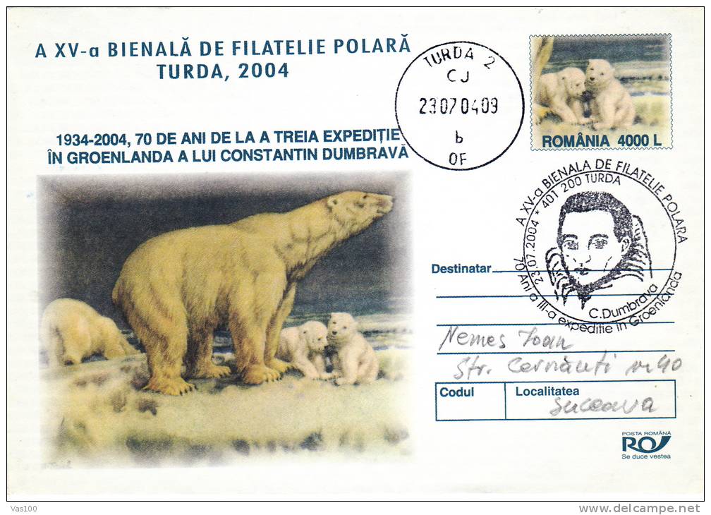 BEAR, GROENLANDA EXPEIDITION, 2004, COVER STATIONERY, ENTIER POSTALE, OBLITERATION CONCORDANTE, ROMANIA - Ours