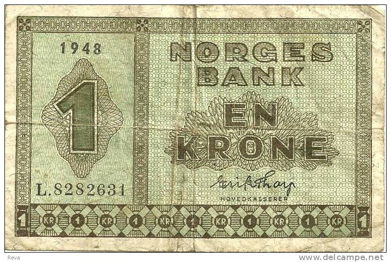 NORWAY 1 KRONE GREEN MOTIF FRONT & BACK DATED 1948 P15b F+ READ DESCRIPTION !! - Norway