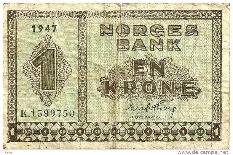 NORWAY 1 KRONE GREEN  MOTIF FRONT & BACK DATED 1947 P15b AF READ DESCRIPTION !! - Norway
