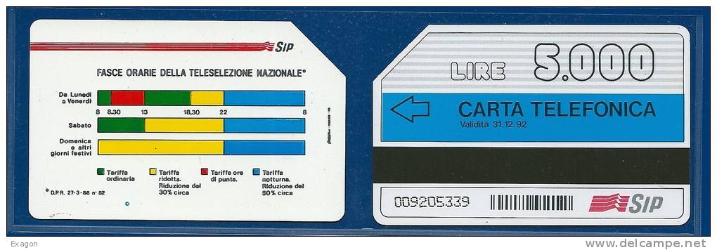 SCHEDA  TELEFONICA  SIP Da  £. 5.000 - Fasce Orarie Teleselezione - Validità  31. 12. 1992. - Opérateurs Télécom