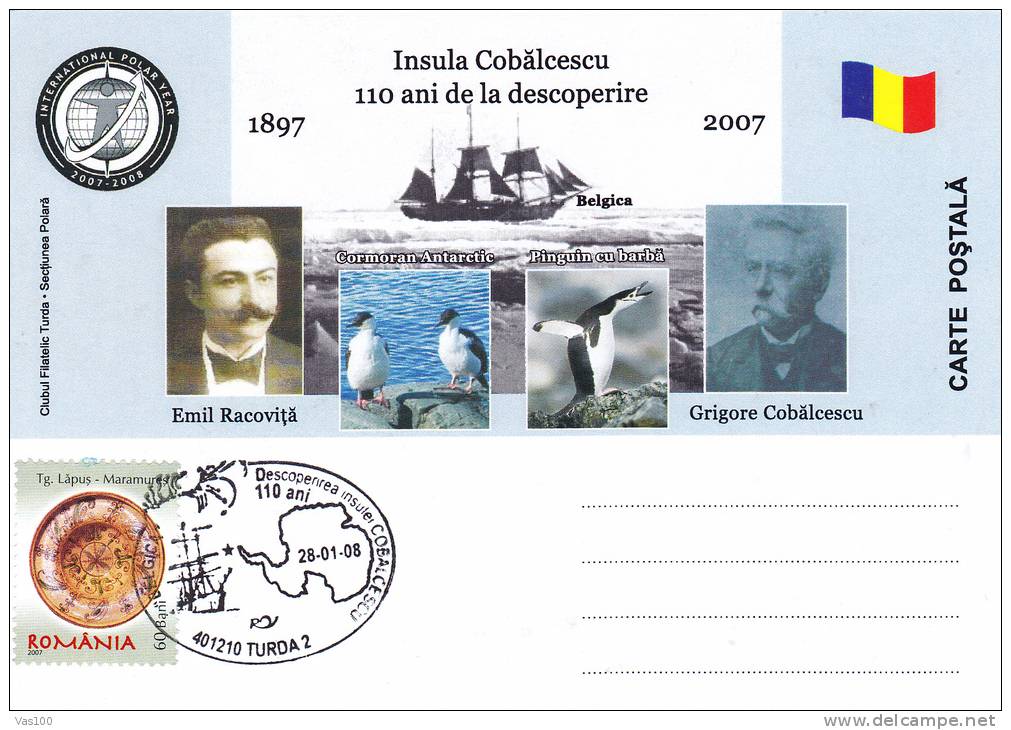 EMIL RACOVITA DISCOVERS COBALCESCU ISLAND, 2007, SPECIAL CARD, OBLITERATION CONCORDANTE, ROMANIA - Erforscher