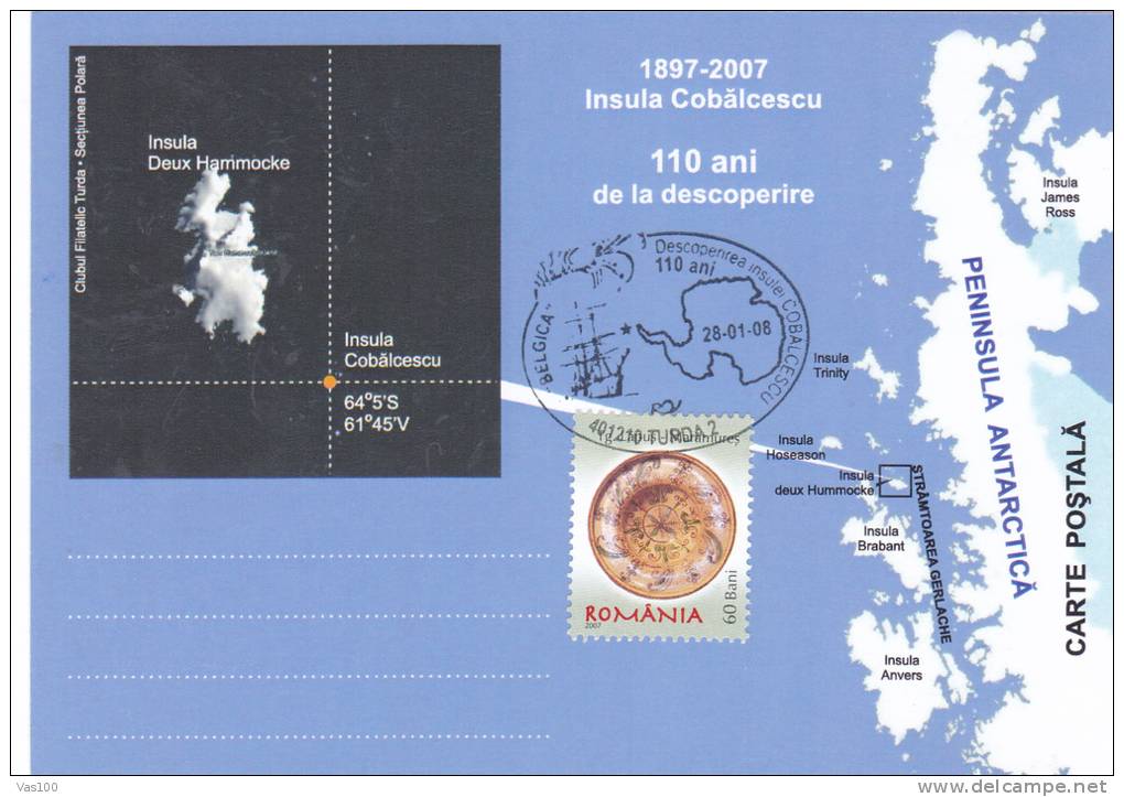 EMIL RACOVITA DISCOVERS COBALCESCU ISLAND, 2007, SPECIAL CARD, OBLITERATION CONCORDANTE, ROMANIA - Erforscher