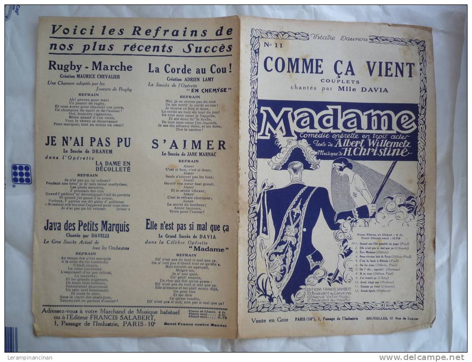 1923 THEATRE DAUNOU N° 11  MADAME COMME CA VIENT CHANT DAVIA A WILLEMETZ H CHRISTINE - Partitions Musicales Anciennes