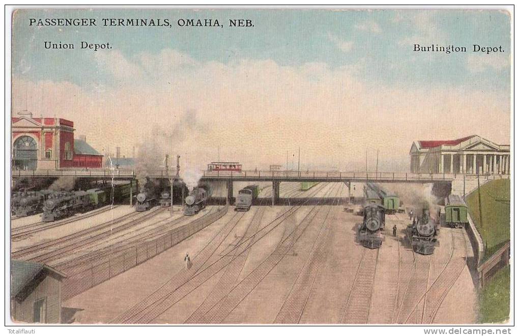 OMAHA Nebraska U.S.A. Passenger Terminals Union Depot + Burlington Depot Color 5. APRIL 1913 Posted - Omaha