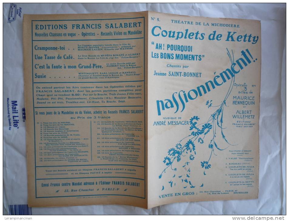 1926 PASSIONNEMENT N° 5 COUPLETS DE KETTY AH POURQUOI LES BONS MOMENTS CHANT BONNET M HENNEQUIN A WILLEMETZ A MESSAGER - Spartiti