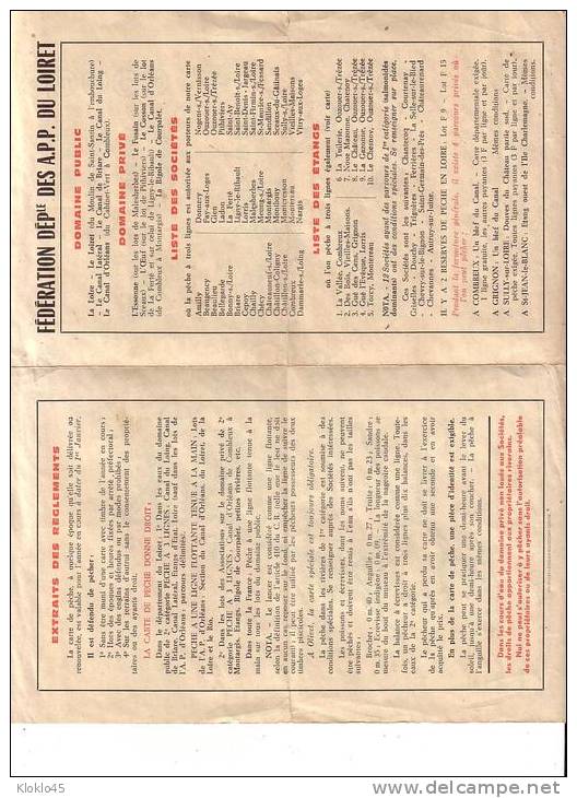 45 Règlements De PECHE - FEDERATION DEPLE DES A.P.P. DU LOIRET - DOMAINE Liste SOCIETES Etangs  - PLAN - Non Classés