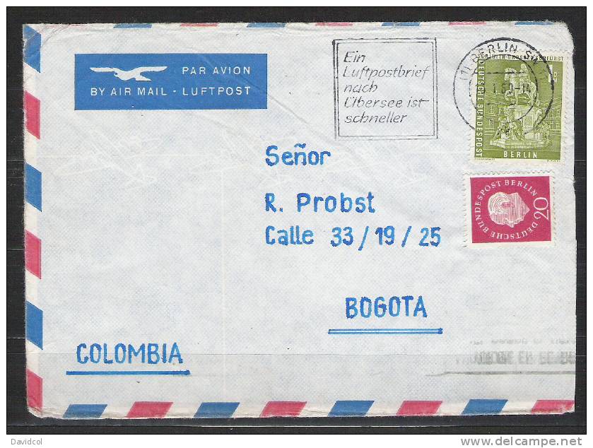 S385.-.GERMANY / ALEMANIA .-. BERLIN - MI # 153 - 1 MARK  ON COVER BERLIN 1957 TO BOGOTA- COLOMBIA. ARRIVAL CACHET. - Covers & Documents