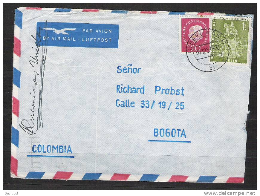 S381.-.GERMANY / ALEMANIA .-. BERLIN - MI # 153 - 1 MARK  ON COVER BERLIN 1957 TO BOGOTA- COLOMBIA. ARRIVAL CACHET. - Covers & Documents