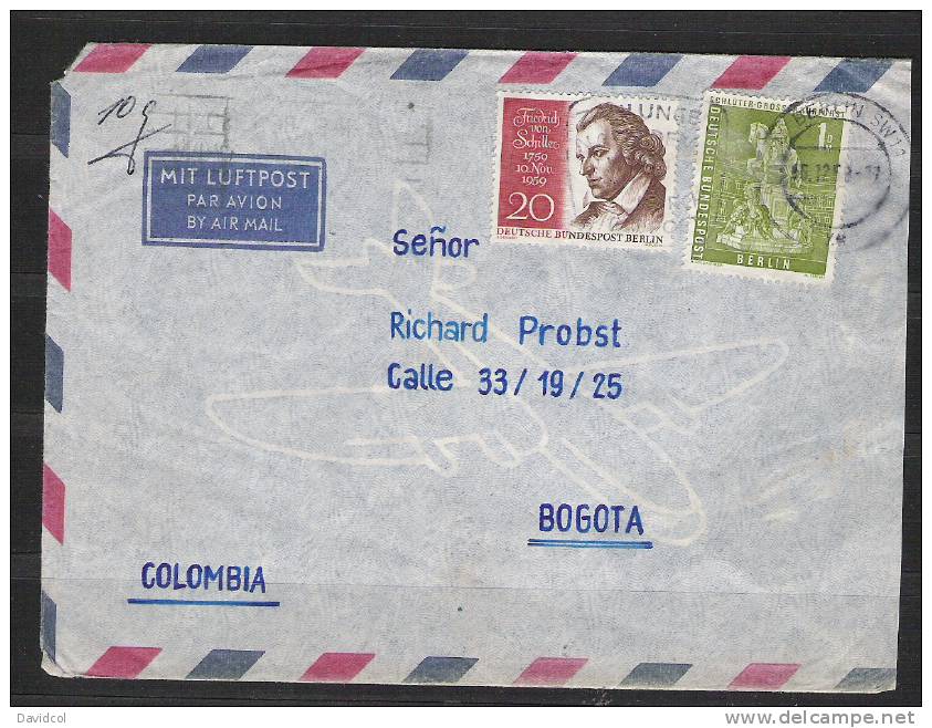 S380.-.GERMANY / ALEMANIA .-. BERLIN - MI # 153 - 1 MARK  ON COVER BERLIN 1958 TO BOGOTA- COLOMBIA. ARRIVAL CACHET. - Covers & Documents