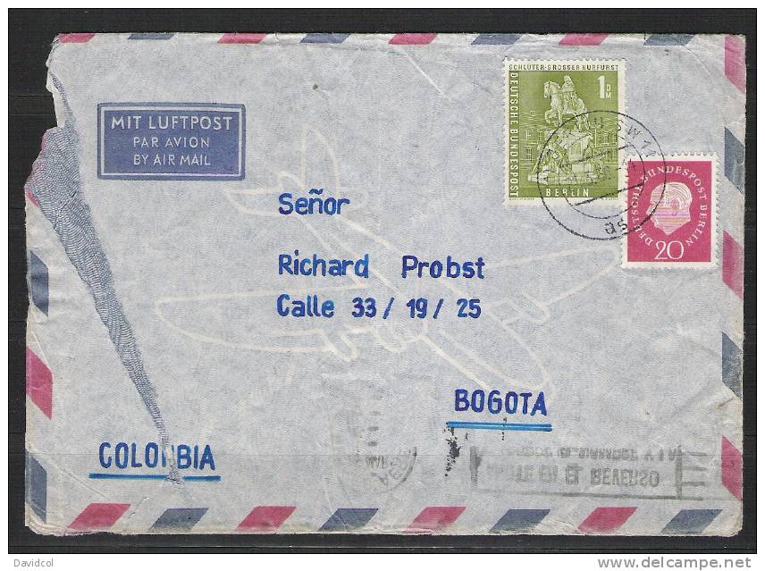 S379.-.GERMANY / ALEMANIA .-. BERLIN - MI # 153 - 1 MARK  ON COVER BERLIN 1957 TO BOGOTA- COLOMBIA. ARRIVAL CACHET. - Covers & Documents