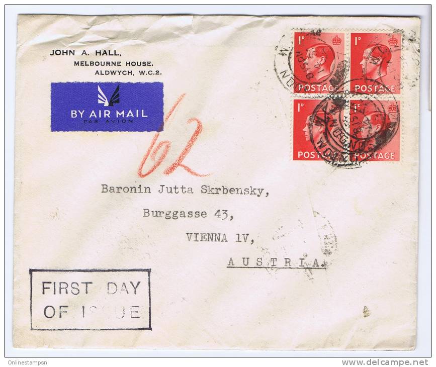 Great Britain:  FDC 1936 SG 458, 1 D, Dd 14-9-1936, In 4-block, To Austria, - ....-1951 Vor Elizabeth II.