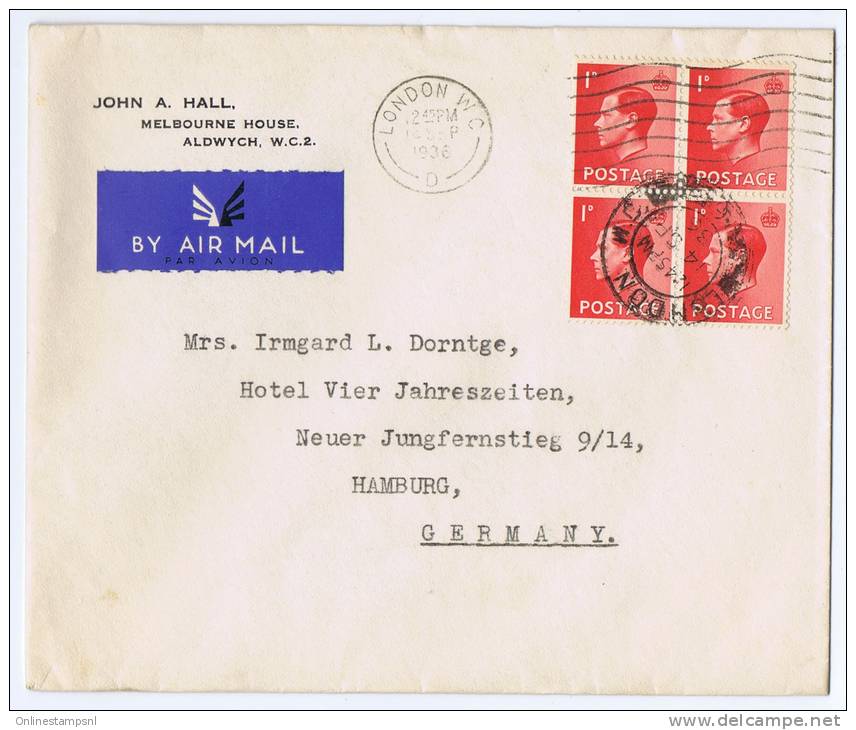 Great Britain:  FDC 1936 SG 458, 1 D, Dd 14-9-1936, In 4-block, To Hamburg - Germany, - ....-1951 Vor Elizabeth II.