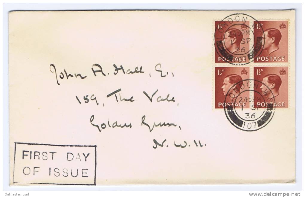 Great Britain:  FDC 1936 SG 459   Dd 1-9-1936, 4-block - ....-1951 Pre Elizabeth II