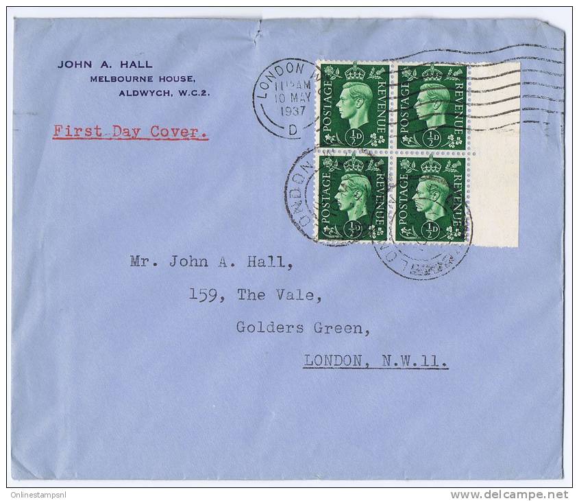 Great Britain:  FDC 1937 SG 462   Dd  10-05-1937, 4-block With Sheetmargin, To London - ....-1951 Pre-Elizabeth II