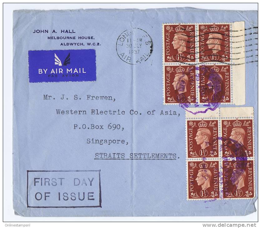 Great Britain:  FDC 1937 SG 464   Dd  30-07-1937, 2 Times 4 Block With Sheet Margins , Singapore Strait Settlements - ....-1951 Pre Elizabeth II