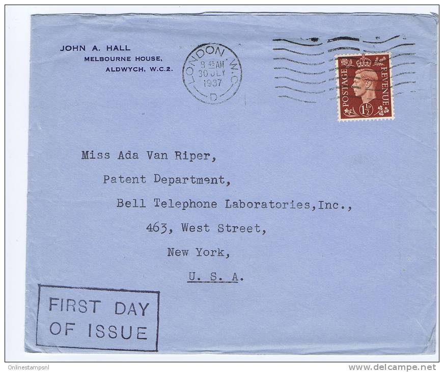 Great Britain:  FDC 1937 SG 464   Dd  30-07-1937, New York - ....-1951 Vor Elizabeth II.