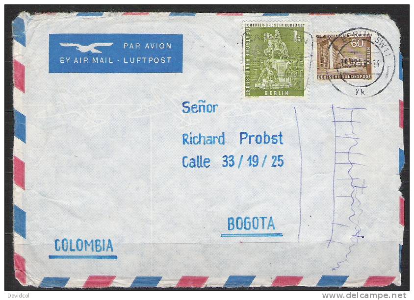 S455.-.GERMANY / ALEMANIA .-. BERLIN - MI # 153 - 1 MARK  ON COVER BERLIN 1959 TO BOGOTA- COLOMBIA. DAMAGED ON BACK - Covers & Documents