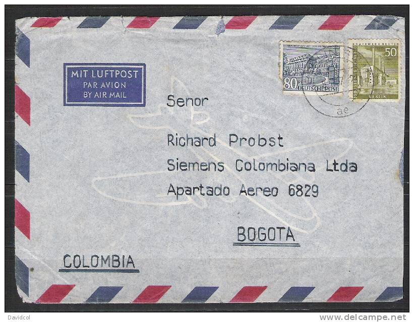 S454.-. GERMANY / ALEMANIA .-. BERLIN - MI # 150 - CIRCULATED COVER BERLIN 1957 TO BOGOTA- COLOMBIA. ARRIVAL CACHET - Covers & Documents