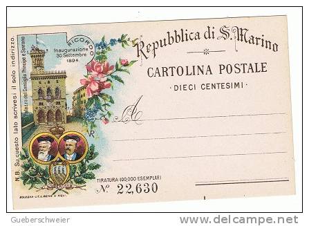 SAINT-MARIN ENTIER POSTAL Carte Numérotée Tirage Limité De 1894 RARE !!! - Interi Postali