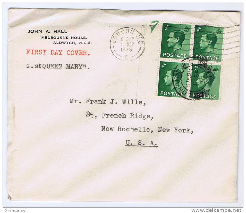 Great Britain:  FDC 1936 SG 457   Dd 1-9-1936, 4-block With Sheet Margin New York, With S.s. Queen Mary - ....-1951 Pre Elizabeth II