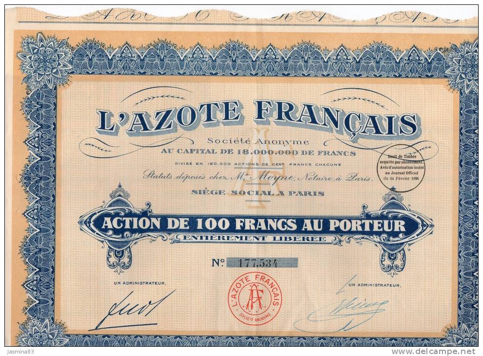 L'Azote Français Action De 100 Francs Au Porteur - Agricultura