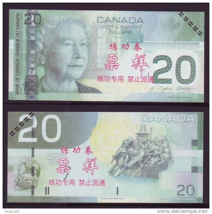 (Replica)China BOC Bank Training/test Banknote,Canada Dollars C Series $20 Note (light Green)specimen Overprint - Canada