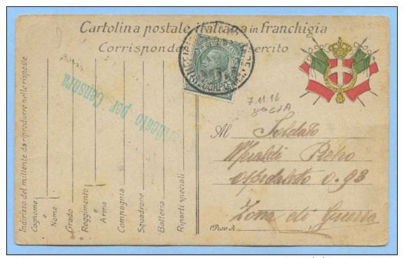 CARTOLINA FRANCHIGIA LEONI C.5 ISOLATO ANNULLO P.M. 8^ CORPO D’ ARMATA 7.11.16  E LINEARE DI CENSURA OTTIMA QUALITÀ(C296 - Posta Militare (PM)