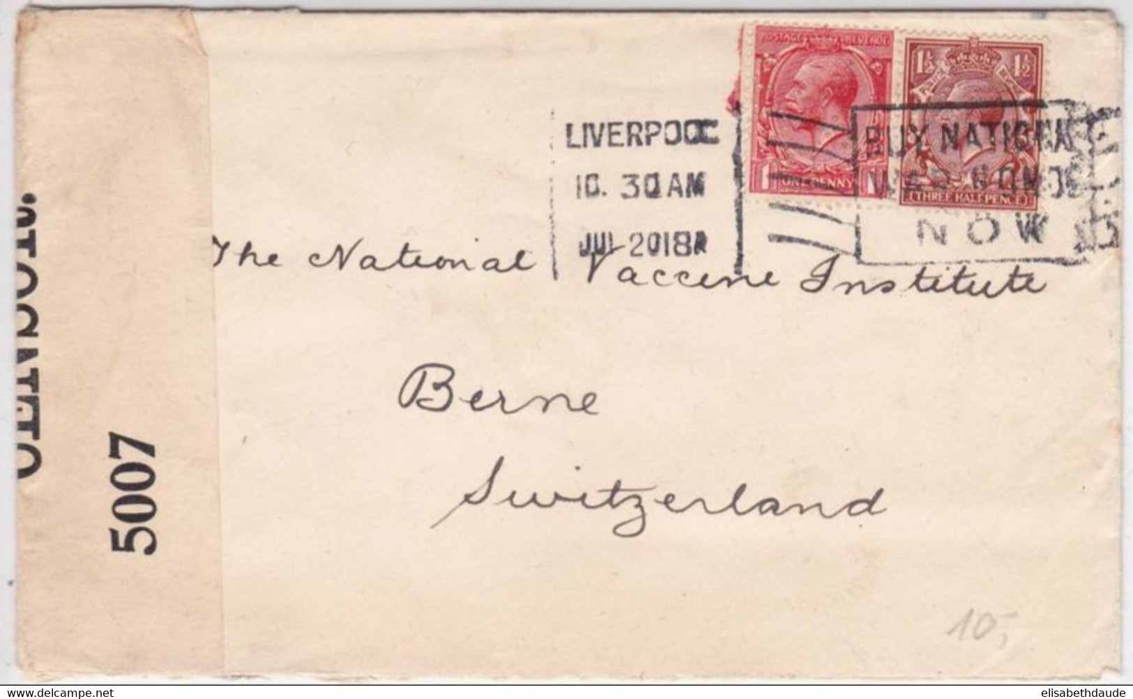 GB / PERFIN - 1918 - ENVELOPPE De LIVERPOOL Avec PERFORES R.S And CO (SUMNER) => BERN (SUISSE) Avec CENSURE - Perfins