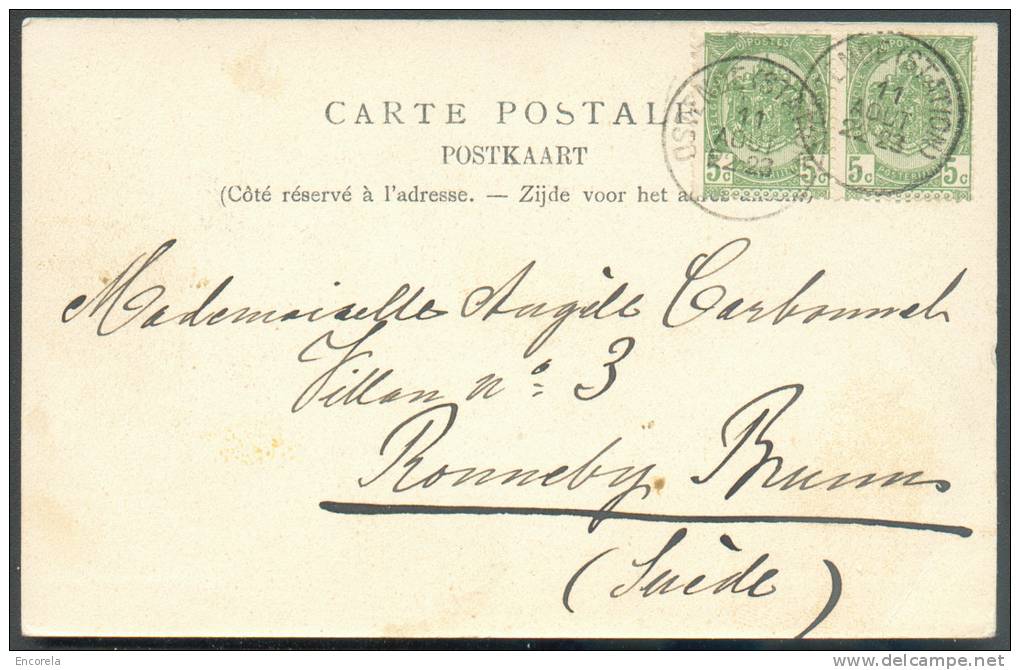 N°56(2) - 5 Centimes Vert En Paire Obl. Sc OSTENDE (STATION) S/C.V Illustrée En Couleur (laitière Flamande Avec Chien Ti - 1893-1907 Coat Of Arms