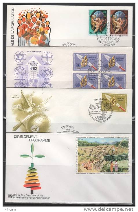 40 FDC Diff. ONU GENEVE dt blocs de 4 et bf (Cote XXX) A voir 10 scans