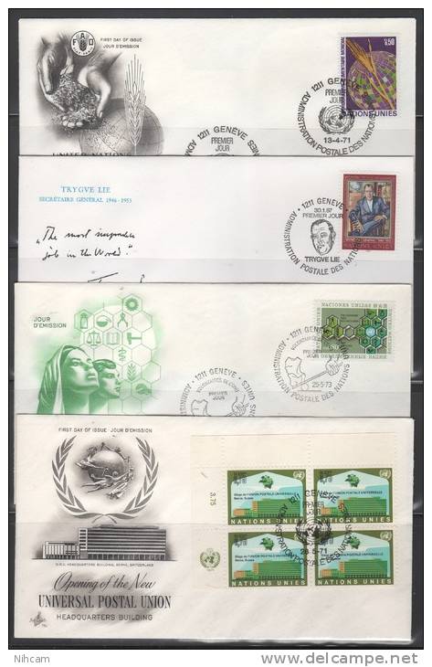 40 FDC Diff. ONU GENEVE dt blocs de 4 et bf (Cote XXX) A voir 10 scans