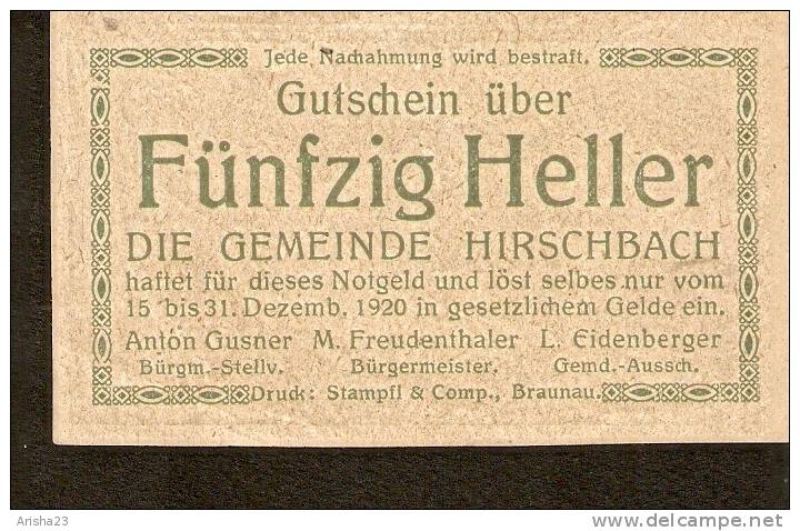 Austria, Gutschein Der Gemeinde HIRSCHBACH - 50 Heller 1920 - Austria