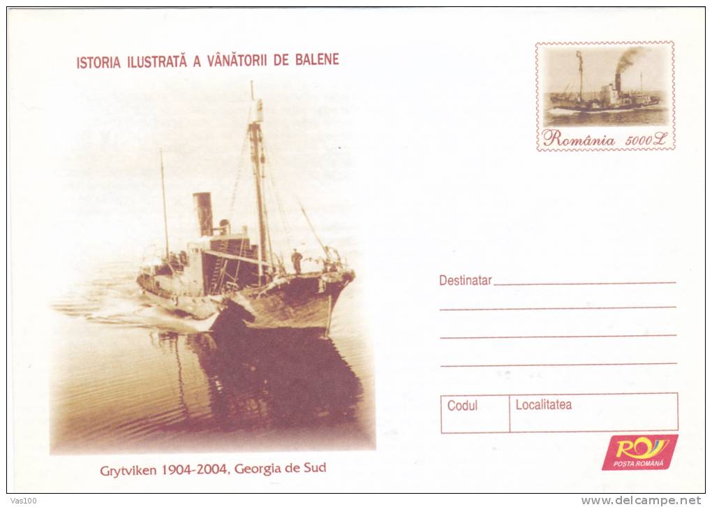 WHALE HUNTING HISTORY, 2004, COVER STATIONERY, ENTIER POSTALE, UNUSED, ROMANIA - Baleines