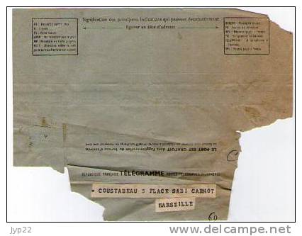 France - Télégramme Daté Du 30-06-1962 Tunis Pour Mr Coustabeau Pl Sadi Carnot  Marseille - Télégraphes Et Téléphones