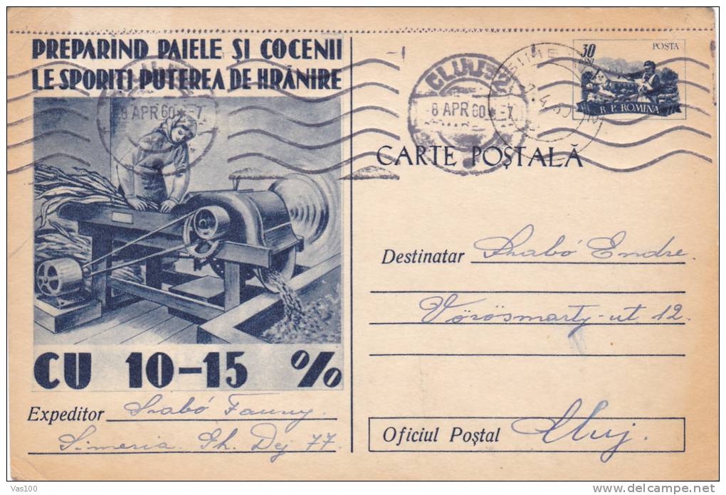 ANIMAL FOOD MACHINE, VERY RARE1960, COVER STATIONERY, ENTIER POSTALE, SENT TO MAIL, ROMANIA - Landwirtschaft