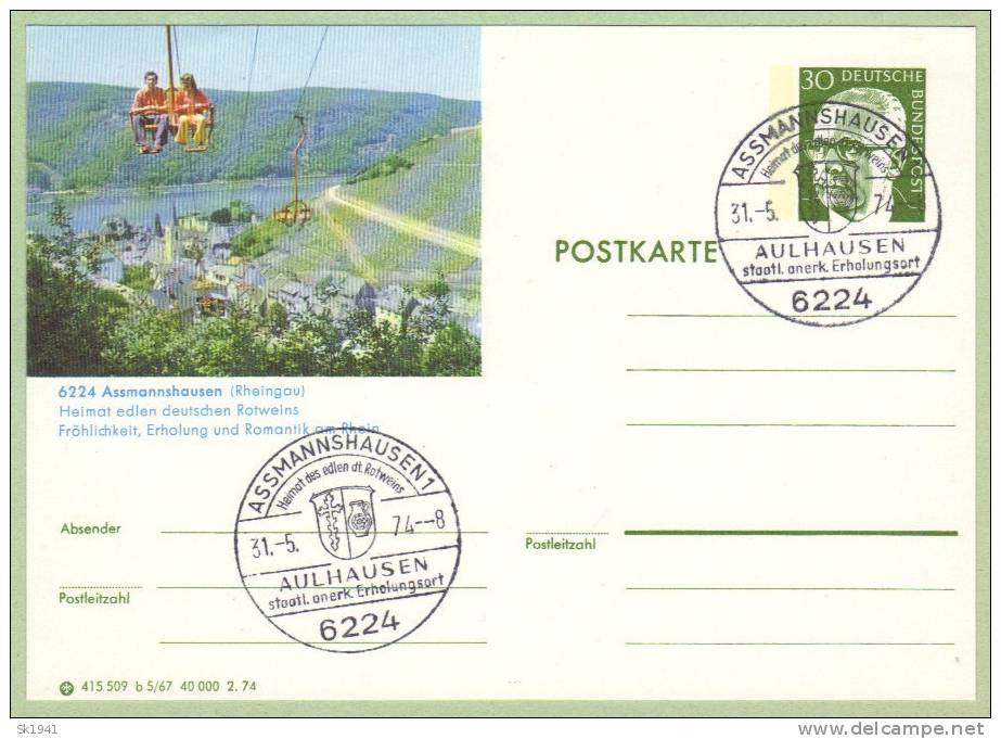 BPK Bildpostkarte Ganzsache Assmannshausen Aulhausen 31.5.1974 Sessellift Rhein Rückseite Leer Sauber - Bildpostkarten - Gebraucht