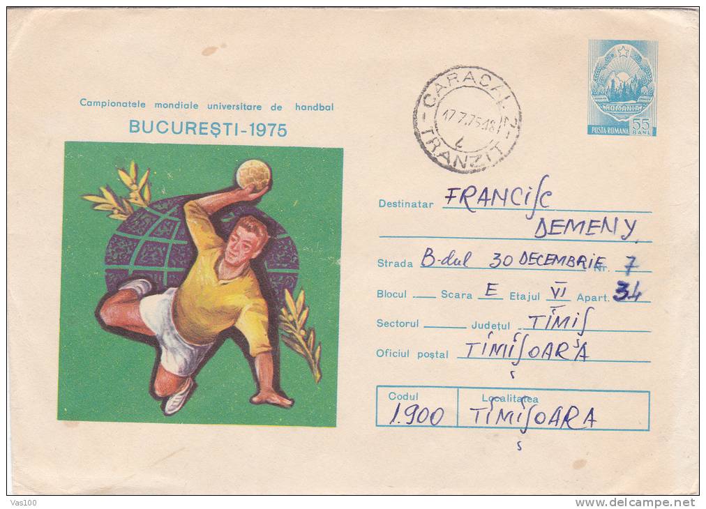 HANDBALL UNIVERSITARY WORLD CHAMPIONSHIP, 1975, COVER STATIONERY, ENTIER POSTALE, SENT TO MAIL, ROMANIA - Handball