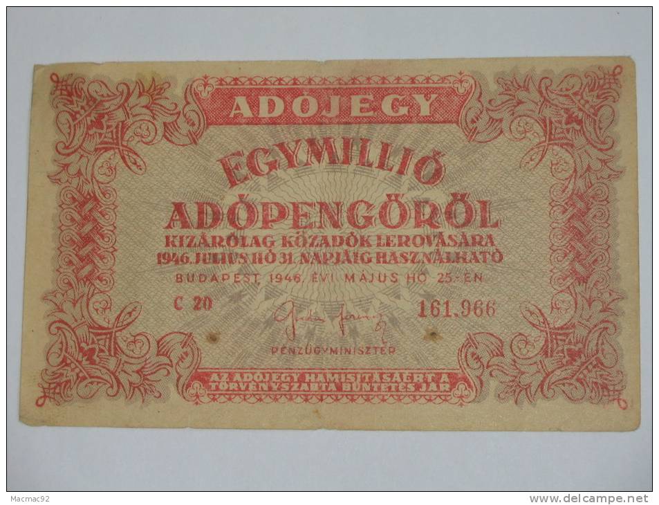 1 000 000  ( EGYMILLIO ) Adopengo - 25.5.1946 Hongrie. - Hungary