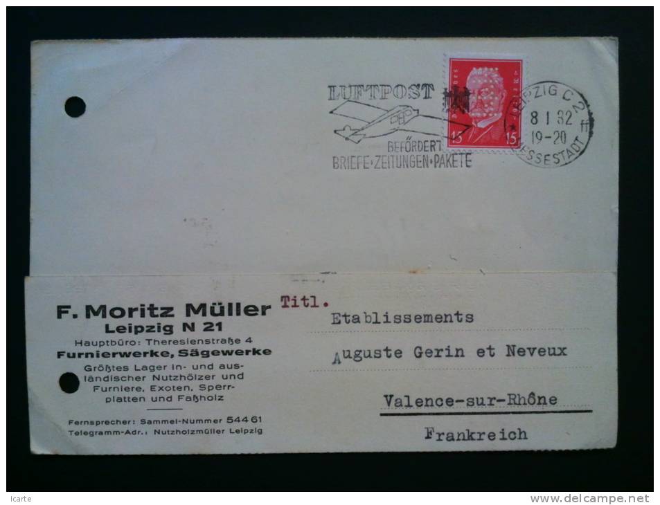 Timbre Hindenburg Perforé FMM Sur CP F.Moritz Müller Leipzig 1932 Pour Valence ( Drôme ) - Briefe U. Dokumente