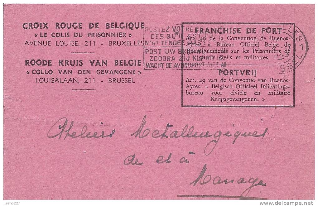 Croix Rouge De Belgique - Le Colis Du Prisonnier - Accusé De Reception D´un Colis N° 528139 - WW II (Covers & Documents)