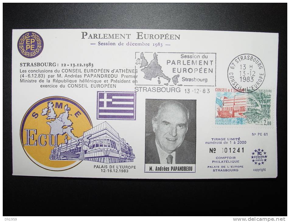 PAPANDREOU ATHENES GRECE  EUROPA CEPT CONSEIL DE L´EUROPE EUROPA PARLAMENT NUMEROTE TIRAGE LIMITE 2000 Ex. - Lettres & Documents