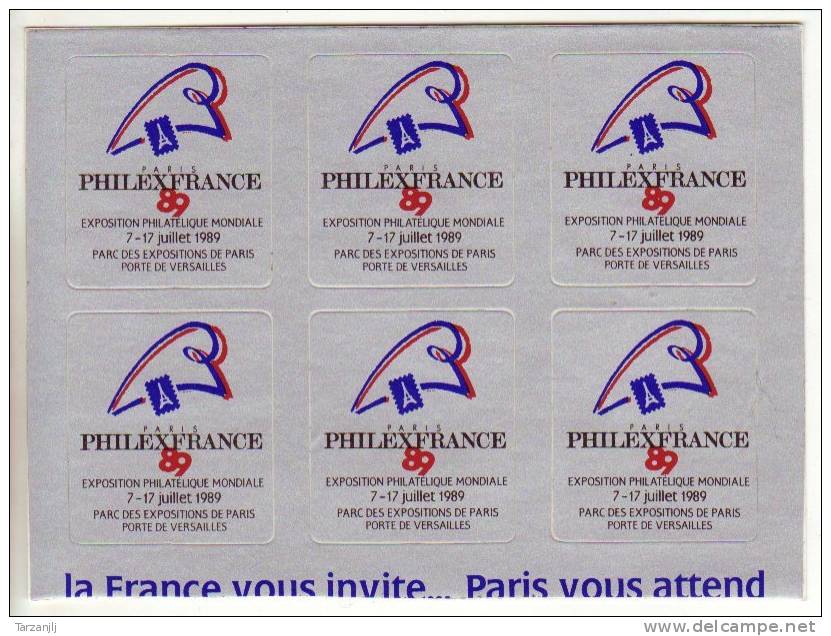 Bloc De 6 Vignettes Autocollantes PhilexFrance 89  7- 17 Juillet 1989 Paris Porte De Versailles - Esposizioni Filateliche