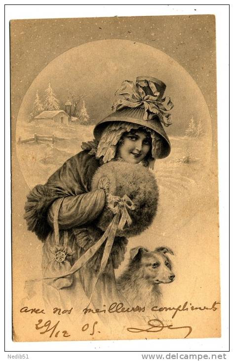 *** ILLUSTRATEUR WICHERA ***FEMME CHIEN MANCHON NEIGE *** VIENNE 156 ***1905 *** DOS NON DIVISE *** - Wichera