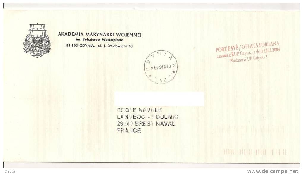 11034 - LETTRE DE POLOGNE - EN PORT PAYE - ACADEMIE DE MARINE (Année 2008). - Oficiales