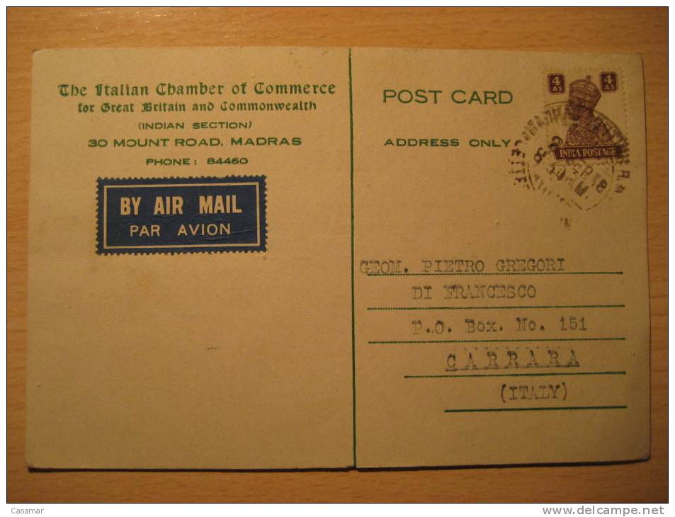 Mount Road Madras 1948 To Carrara Italy Italia Chamber Of Commerce Stamp On Air Mail Card INDIA Inde Indien British - Covers & Documents