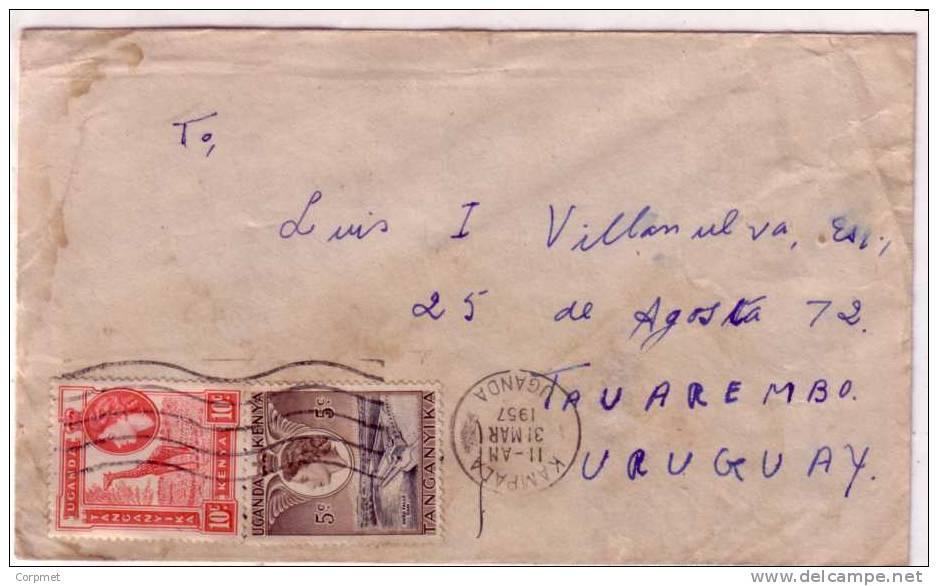 UGANDA - 1957 COVER From KAMPALA To TACUAREMBO -URUGUAY -Topical Cover FAUNA Giraffe And OWN FALLS DAM Reception At Back - Kenya, Ouganda & Tanganyika