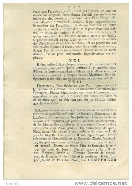 Belgique:Edit De L´Empereur Du 26 Juin 1784 Concernant Les "Enterremens"-7 Pages. - Wetten & Decreten