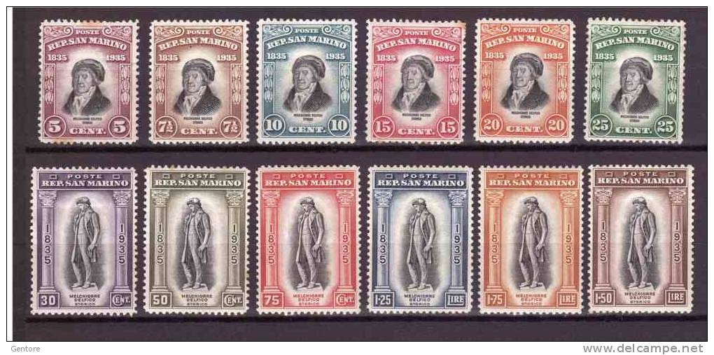 SAN MARINO  1935 Melchiorre Delfico Cpl Set Of 12 Mint Hinged (15-50-75 Cent With Rust Spot) - Collezioni & Lotti